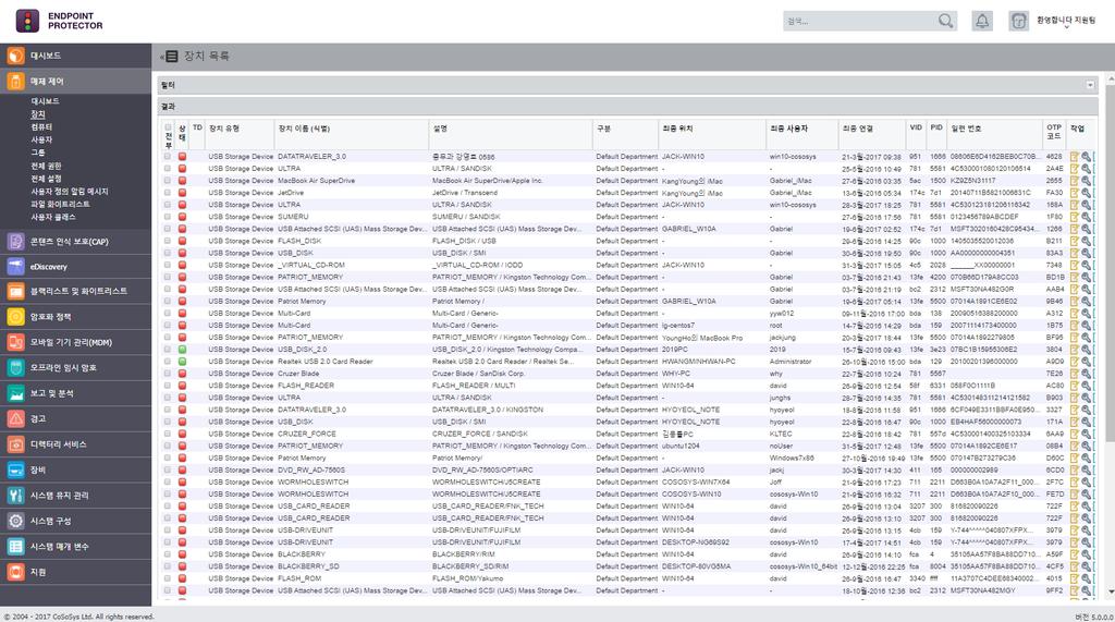 11 Endpoint Protector 사용설명서 3.2. 장치 이섹션에서관리자는시스템의모든장치를관리할수있습니다. 보호되는컴퓨터에연결된새 로운장치가자동으로데이터베이스에추가되어서관리가가능합니다. 장치는장치매개변수 (Vendor ID, Product ID, Serial Number) 로확인하지만장치이름과 설명과같은정보역시사용할수있습니다.