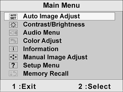 화면이미지를조정하려면다음과같이하십시오 : 1. 메인메뉴가나타나면,[1] 버튼을누르십시오. VA705m VA705b 참고 : 모든 OSD 메뉴와조정화면은약 15 초후에자동으로사라집니다. 이시간간격은설정메뉴와 11 페이지에설명된 OSD 시간초과제어를통해조정할수있습니다. 2.