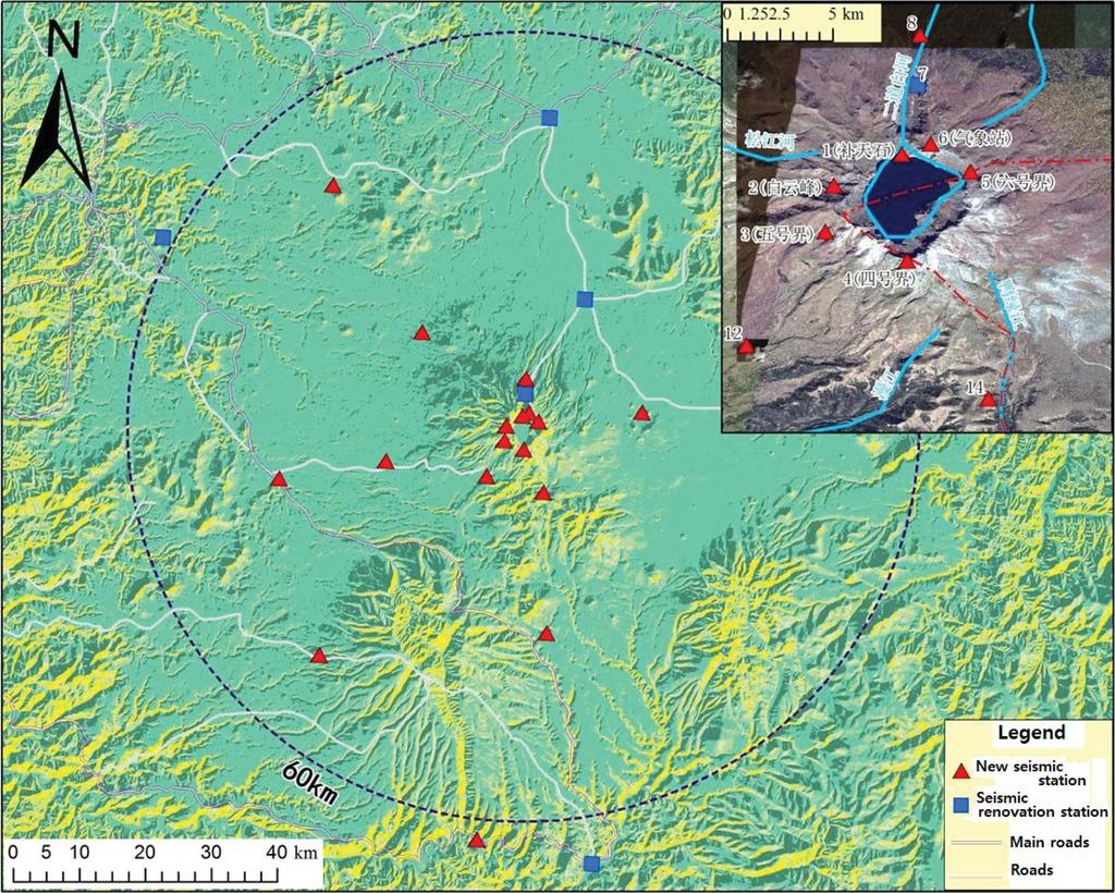 104 윤성효 장철우 Fig. 9. Planned seismic monitoring network at the Baekdusan volcano by VRC-CEA, China(CEA, 2015). 백두산 천지 칼데라 주변 지역의 지진활동 배경과 화 산분화 직전의 많은 지진들을 감시할 수 있을 것이다.