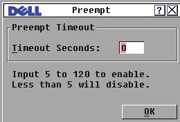 선점경고설정을보거나변경하려면다음단계를수행합니다. 1 <Print Screen> 키를눌러 OSCAR 인터페이스를실행합니다. Main 대화상자가나타납니다. 2 Setup > Preempt 를클릭합니다. 3 Timeout Seconds 필드에종료시간을초단위로입력합니다. 0 초 ~ 4 초사이의값을입력하면세션이선점되기전에첫번째사용자에게경고하지않습니다.