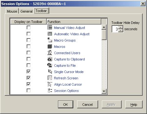 버튼을도구모음에추가하려면 : 1 Viewer 의 Tools 메뉴에서 Session Options 를선택합니다. Session Options 도구모음이표시됩니다. 2 Toolbar 탭을클릭합니다. 3 Viewer 도구모음에추가할항목을클릭하여선택합니다. 4 OK 를클릭하여수정사항을적용하면 Viewer 주화면으로돌아갑니다. 그림 4-4.