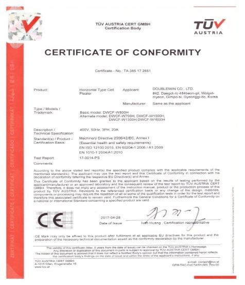 Certificate of Doublewin CE 인증서 2016.