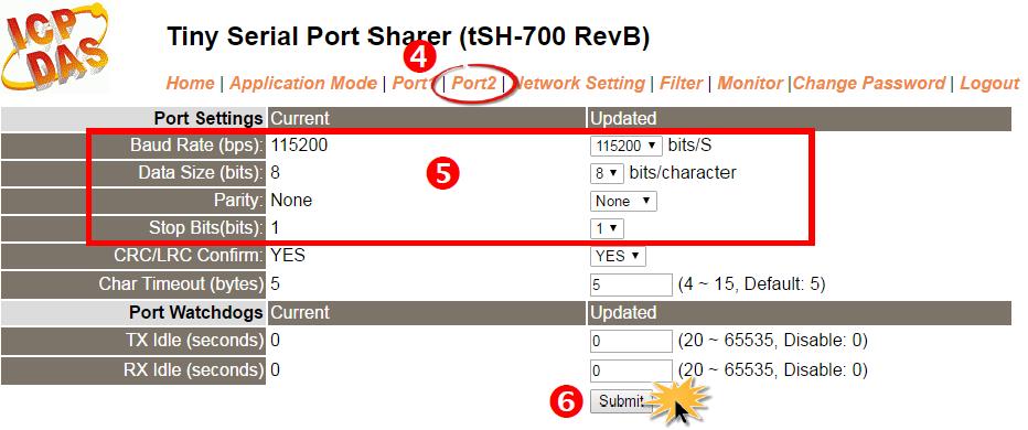 Setp 6 : 시리얼포트 (Serial Port) 구성 1. Port1 설정페이지를표시하기위해 Port1 탭을클릭하십시오. 2. 관련된 drop down 옵션에서 PC (Master) 의 Serial COM 포트에따라서적절한 Baud Rate( 전송속도 ) 및 Data Format( 데이터형식 ) 설정을선택하십시오.
