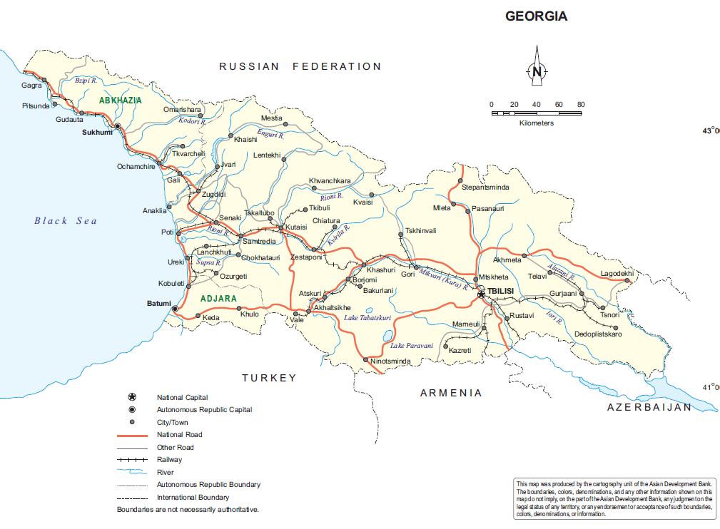 제 2 장트빌리시시의사회경제및도시교통현황 25 트빌리시는조지아동쪽에위치하고있다. 트빌리시는아제르바이젠과아르메니아국경에가까이있다. 몇몇이웃국가들사이의국경이닫힘에따라, 상당한교통량이조지아, 특히트빌리시수도지역을통과하여지나가고있다. 조지아주요도시와국경지역밖에대해서는아래와같은관계를가지고있다.