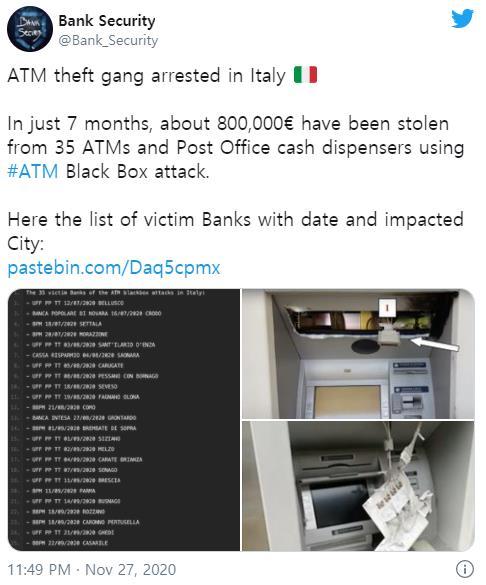 04 글로벌보안동향 범죄자들, 블랙박스공격 통해이탈리아 ATM 에서 80 만유로훔쳐 Crooks stole 800,000 from ATMs in Italy with Black Box attack 한범죄조직이새로운블랙박스 (Black Box) 공격기법을사용하여이탈리아은행에서운영하는 ATM 과우체국현금 지급기최소 35 곳에서돈을훔친것으로나타났다.