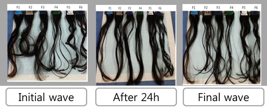 Fig 53. Comparison of images of the heating perm wave styles by 6 type solution. Treated by F1: H 2 O 2 (ph ±3.