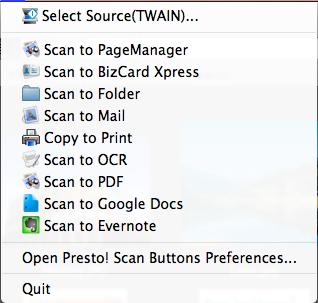 스캔대상아이콘을사용하여스캔스캔대상아이콘을사용하려면 Presto! PageManager을열고스캔대상아이콘을두번클릭하여메뉴표시줄에스캔대상아이콘을표시합니다. 참고 : 메뉴표시줄에스캔아이콘이있으면응용프로그램 (BizCard Xpress 또는 PageManager) 을열필요가없습니다. 1.