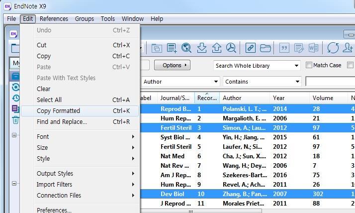 Endnote Copy formatted Reference list 출력 Output style 지정 인용핛 Reference Ctrl 키 + 다수선택 Edit