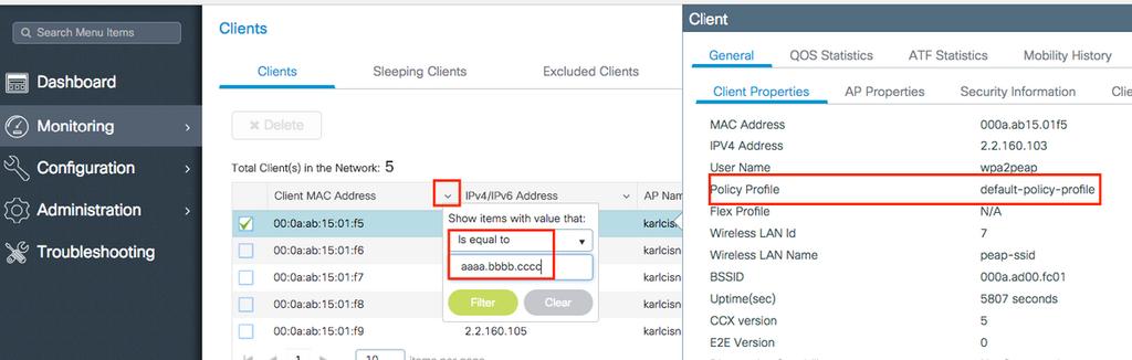 Properties( 클라이언트속성 ) 로이동합니다 (MAC 주소를사용하여특정클라이언트에대한선택적검색 ) # show wireless client mac-address <aaaabbbbcccc> detail inc Policy