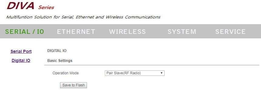 16 / 41 페이지 Pair Master (RF Radio) : Pair Save (RF Radio) 모드로동작하는 DIVA-LIO-DIO 장치와 920-923 MHz 무선을통해연결되며 Input to Output 방식으로디지털입력신호를상대편디지털출력신호로연결합니다. Pair 모드는다음과같은모델사이에설정할수있습니다.