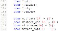 4. Weather Forecast - mbed Web Compiler 7) Code 설명 - 4 Buffer 에서원하는문자열의시작주소를가져오기위한포인터변수 Buffer 에서원하는문자열을가져오기위한배열선언 strstr()