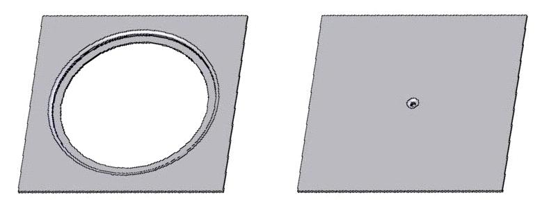 점형태의결합법으로는중공박판을연속적으로결합할수없으므로그림 2의왼쪽에보인바처럼중공부분의외곽을따라서기계적프레스결합을실시하고자한다. 이를통해연료전지분리판에대해새로운기계적결합방법을제안하고자하는것이다. [ 그림 2] 중공프레스결합 ( 좌 ) 과 TOX 결합의비교두개의박판이소성변형을통해서로결합하는원리는그림 3에보였다.