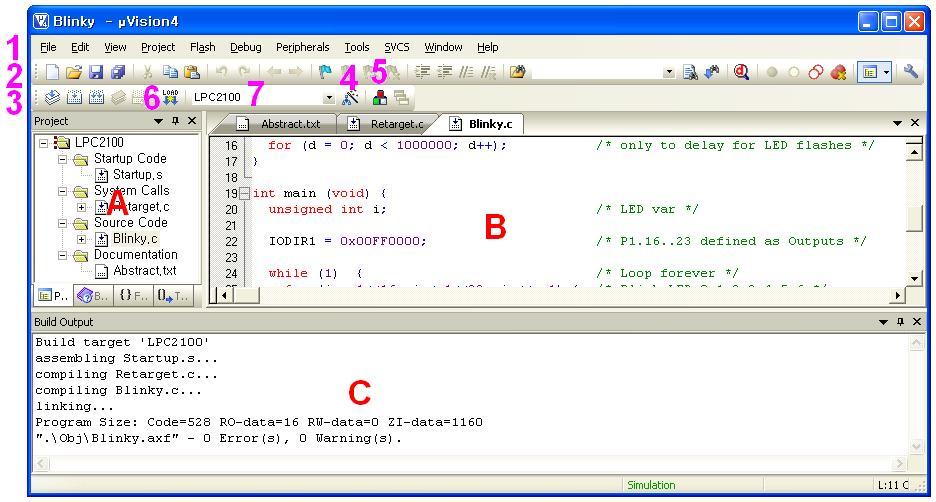 그림 9. RealView MDK-ARM 의윈도우 UV4의 Window 설명 A : Project 윈도우로마우스의오른쪽버튼으로프로젝트의구성원을등록하거나제거할수있다. 소스코드와모든등록된파일을디스플레이한다. B : 소스코드나파일을편집하는윈도우로한글입력도가능하지만완전한글자가입력되어야디스플레이되는단점이있다.