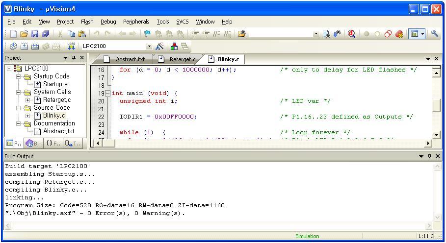 그림 10. UV4 에서 Blinky Project 파일의 Open 실행된 RealView MDK-ARM UV4의통합환경윈도우의좌측상단에는오픈된프로젝트이름이표시되고하단에는간단한파일정보가보여질것이다. 프로젝트환경에서 C 언어로만들어진소스코드를컴파일과링크를할때는 'Project/Rebuild All Target Files'( ) 을실행하면된다.