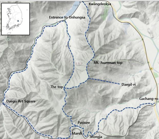 Fig. 1. A map of investigated route in Mt. Choejeong Dotted line, Mt. Choejeong boundary; Dashed line, Investigation routes.
