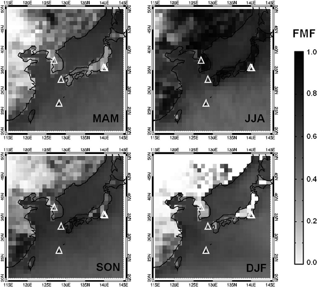 SKYNET 관측자료를이용한동아시아영역에서의 MODIS 에어로솔광학두께산출물검증 25 Fig. 3. Same as in Fig. 2 except fine mode fraction (FMF). 의계절변동에의한에어로솔분포의변동과관련이있는것으로판단된다.