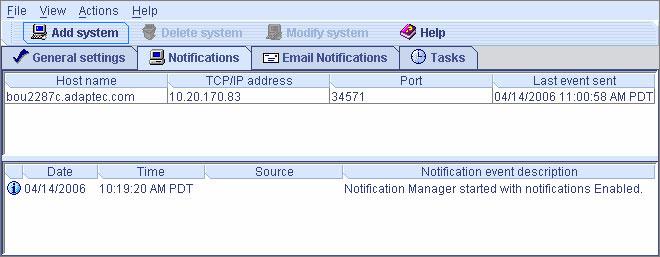그림 7-3 알림관리자 3. 스토리지공간의시스템중 2 단계에서선택한시스템에서생성한이벤트알림을받을시스템의이름을알림목록에추가합니다. a. 도구모음에서 Add system 을클릭합니다. b. Add System 창에첫번째시스템의호스트이름이나 TCP/IP 주소를입력합니다. 기본포트번호 34571을사용하지않으려면 TCP/IP 포트를입력합니다.