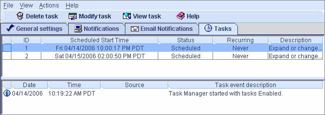 그림 8-4 Task Manager 창 주 Tasks 탭에서해당탭을클릭하여전자메일알림관리자 (110 페이지의 " 전자메일알림설정 " 참조 ) 와같은이창의다른유틸리티에액세스할수있습니다. 작업모니터링 작업관리자의두가지기본패널 (Task List 및 Task Event Log) 을사용하여작업을모니터링합니다.