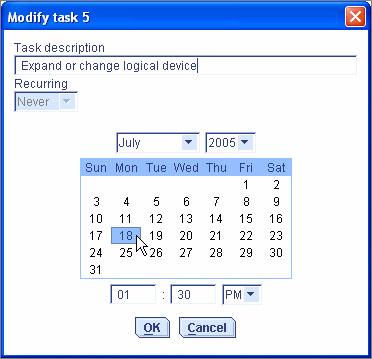 그림 8-6 Modify Task 창 작업및 Task List 가새정보로업데이트됩니다. 시작시간을놓친작업다시예약 Sun StorageTek RAID Manager 소프트웨어에서예약한작업은일시적인중단을수용할수있도록시작시간후에 30 분의유예기간이자동으로포함됩니다.