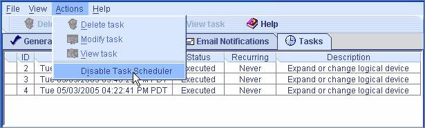 작업관리자비활성화 1. 메뉴표시줄에서 Configure > 시스템이름 > Tasks를선택합니다 ( 그림 8-3 참조 ). 작업관리자가열립니다. 2. 작업관리자메뉴표시줄에서 Actions > Disable Task Scheduler를선택합니다. 그림 8-8 작업관리자비활성화 작업관리자가비활성화됩니다. Tasks 탭에빨간색비활성화아이콘이표시됩니다.