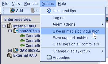그림 10-5 HBA 구성저장 Save 창이열립니다. 3. Save 창에서원하는디렉토리를찾은다음보고서의파일이름을입력합니다. 기본디렉토리는 Sun StorageTek RAID Manager 소프트웨어가설치된디렉토리이고, 기본파일이름은 RaidCfg.log입니다. 텍스트파일보고서가저장됩니다.
