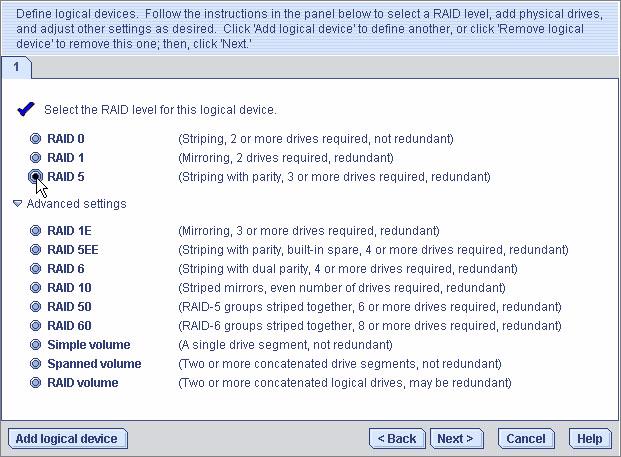그림 4-5 RAID 수준선택 주 RAID 볼륨을구성하려면 49 페이지의 "RAID 볼륨구성 " 을참조하십시오. RAID 수준에대한자세한내용은 177 페이지의 " 최적의 RAID 수준선택 " 을참조하십시오. 5. Next 를클릭합니다. 6. Physical Devices 패널에서논리드라이브에사용할디스크드라이브를선택합니다.