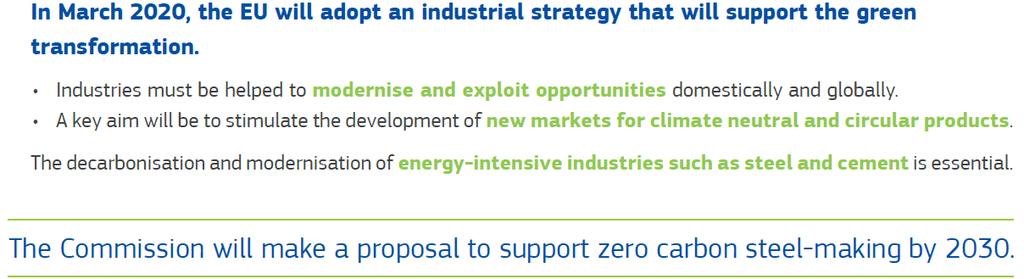 European Green Deal Sustainable Industry 기후중립및재활용제품에대한신시장형성 에너지집약적인산업 ( 철강, 시메트등 )