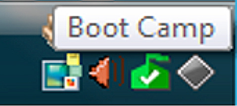 BOOT CAMP 설치 (계속) Windows가 시작되면, Boot Camp 아이콘이 시스템 트레이에 새로운 아이콘으로 표시됩 니다. 아이콘을 클릭하면 팝업 메뉴가 표시됩니다. Windows 8에서는, search 항목에서 Boot Camp를 입력합니다.
