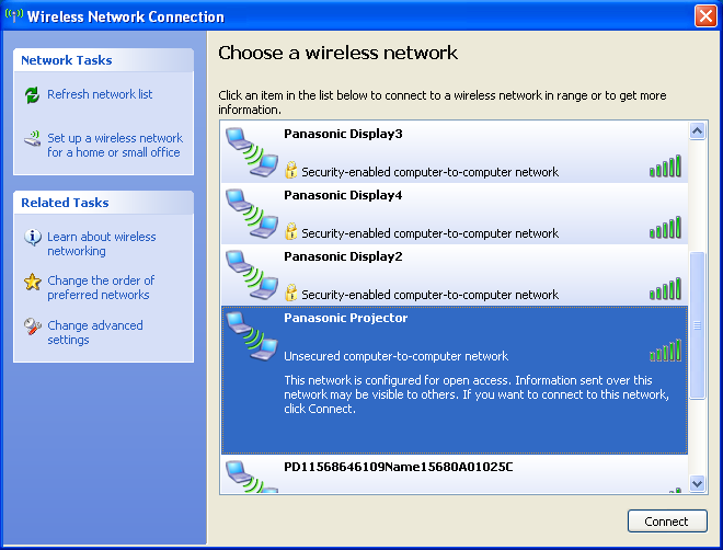 무선 LAN 으로 연결 (계속) 2컴퓨터 조작 (Windows XP 의 경우 ) 시스템 관리자에 따라 네트워크 설정을 해 주십시오. 프로젝터 설정이 기본 설정인 경우에는 다음과 같은 네트워크 설정으로 컴퓨터를 사용할 수 있습니다. 4 5 6 IP 주소 192.168.11.101 서브네트 마스크 255.255.255.0 기본 게이트웨이 192.168.11.1 Wireless Manager ME 5.
