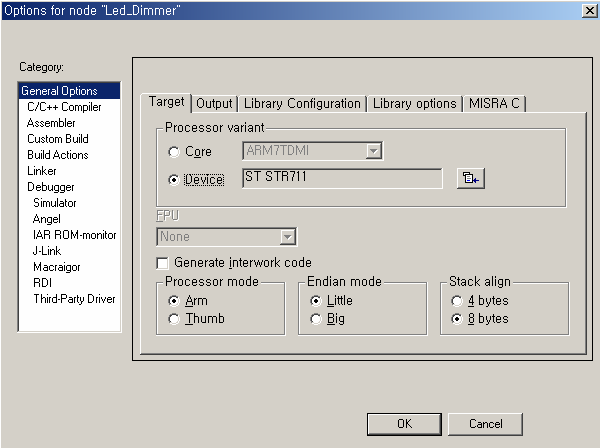 EWARM 4.xx 프로젝트 옵션 설정(1_1) 1. Project -> > Option -> > General option -> > Target Target 은 사용하는 CPU 에 맞게 컴파일러 시스템을 맞추는 가장 기본적이고도 중요한 작업이다.