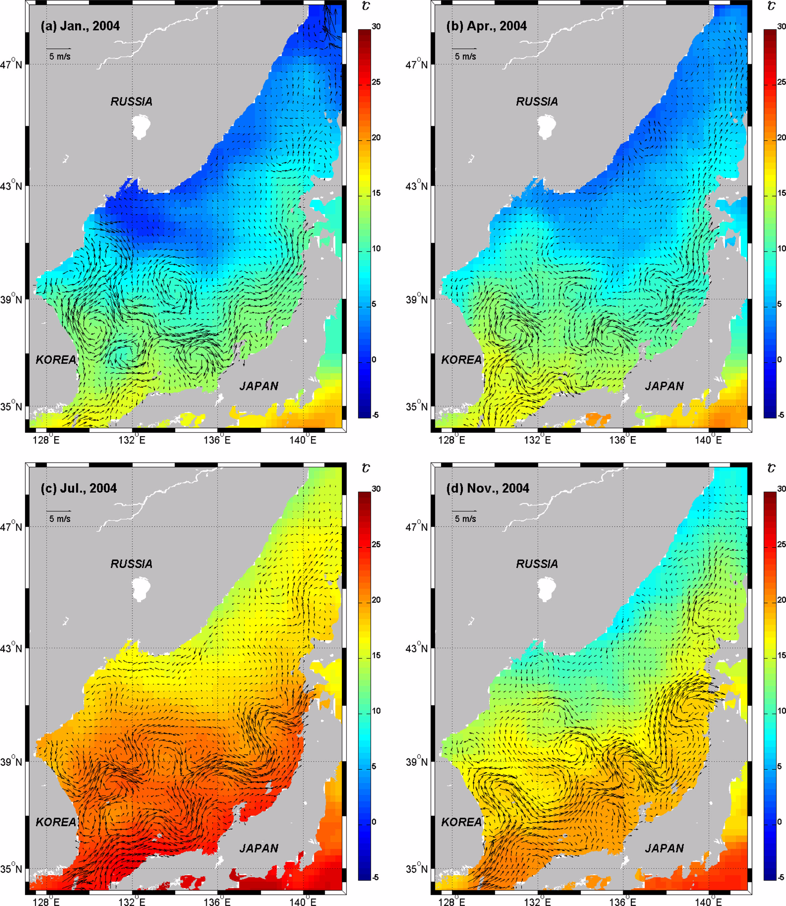 234 최병주ㆍ변도성ㆍ이강호 Fig. 5. Surface currents (m/s) estimated from satellite altimeter data and satellite-borne sea surface temperature (oc) in 2004: (a) January, (b) April, (c) July and (d) November.