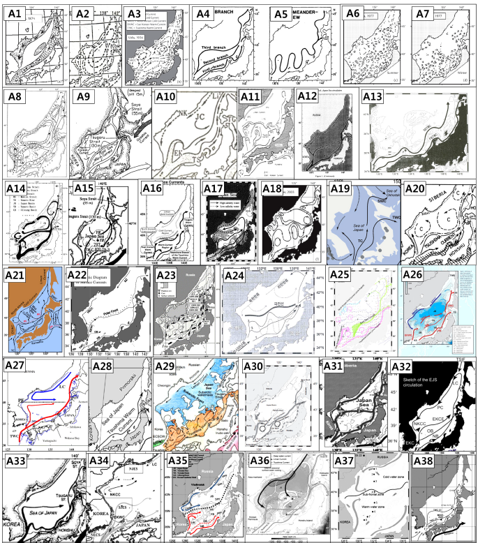 Cold Current, LCC), 북한한류(North Korea Cold Current, NKCC)가 러시아 연안과 북한 연안을 따라 남하하며 대마난류와 마찬가지로 강한 계절 변화를 보인다. 동해 해류의 큰 변동성처럼 그 동안 과학논문이나 서적에 실렸던 동해의 해류도를 분석해보면 다양한 양상을 가지고 있다.