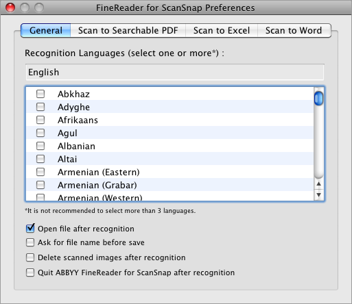 동작 (Mac OS 고객용 ) ABBYY FineReader for ScanSnap 설정 윈도우에서 Word 또는 Excel 문서로 변환시킬 때 설정 을 변경할 수 있습니다. [ 응용 프로그램 ] [ABBYY FineReader for ScanSnap] [FineReader for ScanSnap Preferences] 를 선택합니다.