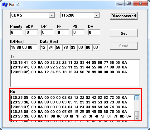2 PC 입력에 따른 CAN 모니터링 툴 출력 값 비교 PC에서 사용자가 CAN ID와 CAN 데이터를 구성하 여 RS232를 통해 Main ECU의 XC2287M에 전송한다. 그리고 Main ECU의 XC2287M은 PC로부터 받은 데이 터를 CAN 메시지로 변환하여 TC1782에 전송한다.