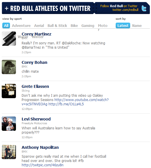 Bull이 후원하는 다양한 종목의 운동선수들의 트위터, 페이스북 팬페이지, 공식 홈페이지의 링크 제공 13