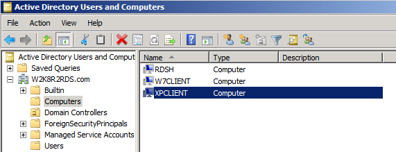 XP7CLIENT (Windows XP Client) 클라이언트 설정 이 기계에 Windows XP SP3 을 설치하고, W2K8R2RDS.com 도메인에 멤버로써 죠인시킨다.