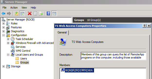 위와 같이 설정하면, SQL Server Management Studio 프로그램은 W2K8R2RDS\W7User01 사 용자만 사용할 수 있다. 추후 기능 테스트에서 정확한 작동 상황을 확인해 본다. 4 RDWA.W2K8R2RDS.com 컴퓨터 계정을 RDCB.W2K8R2RDS.com 서버의 TS Web Access Computers 그룹에 포함시킨다.