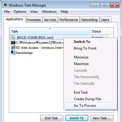 또한, W7CLIENT 클라이얶트 기계의 Task Manager 를 수행하고, Applications 탭에서 SQL Server Management Studio 아이콘을 오른쪽 마우스 클릭하고, Go To Process 메뉴를 선택한다.