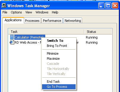 또한, XPCLIENT 클라이얶트 기계의 Task Manager 를 수행하고, Applications 탭에서 Calculator 아이콘을 오른쪽 마우스 클릭하고, Go To Process 메뉴를 선택한다.