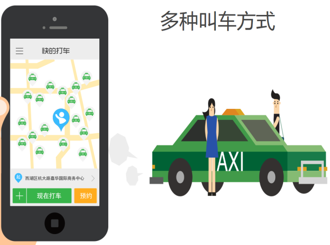 6%, 디디다처가 44.6%를 차지하고 있는 등 2개 앱이 중국 택시호출액 시장의 98%를 장악한 가운데 서로 M/S 격차도 크지 않아 시장을 양분하고 있다. 현재 콰이디다처, 디디다처 모두 중국 3여개 도시에서 서비스 중이다.