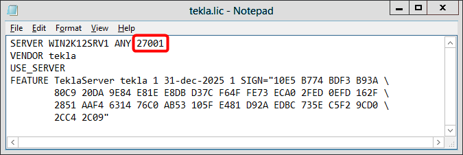 4. 판매자 행 끝에 port=1234 같은 양식으로 port=free_port 텍스트를 입력 합니다. 판매자 행에 TCP/IP 포트 숫자를 정의하면 Tekla Structures Licensing Service의 재시작 시간이 느려질 수 있습니다. 5. 변경 내용을 저장하고 tekla.lic를 닫습니다. 6.