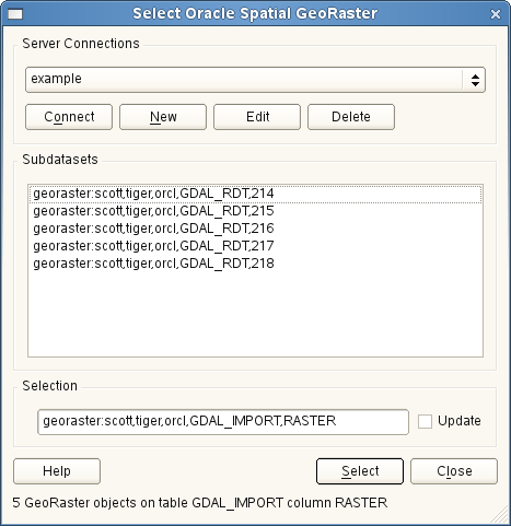 12.13. 오라클 GeoRaster 플러그인 나열된 하위 데이터세트 중 하나를 클릭한 다음 Select 를 클릭 하면 테이블이 선택됩니다. 그와 동시에 해당 하위 데이터세트에서 테 이블에 GeoRaster 가 들어있는 컬럼의 이름이 표시됩니다.