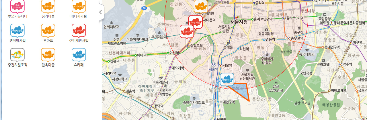 그림 Ⅵ-5 마을정보지도 이용방법 초기화면 주제별 검색화면(접속방법1) 마을정보지도 검색 화면(접속방법1) 마을정보지도 세부주제 검색화면(접속방법2) 주) 접속방법1: 인터넷 검색창에 서울형 지도태깅 공유마당 검색, http://map.seoul.go.