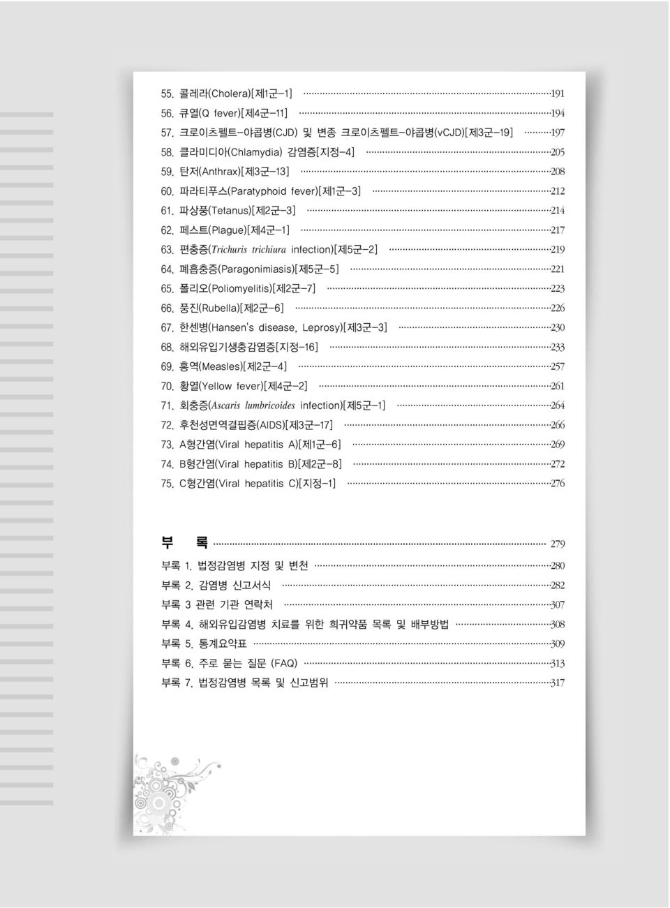 폴리오(Poliomyelitis)[제2군-7] 223 66. 풍진(Rubella)[제2군-6] 226 67. 한센병(Hansen's disease, Leprosy)[제3군-3] 230 68. 해외유입기생충감염증[지정-16] 233 69. 홍역(Measles)[제2군-4] 257 70. 황열(Yellow fever)[제4군-2] 261 71.