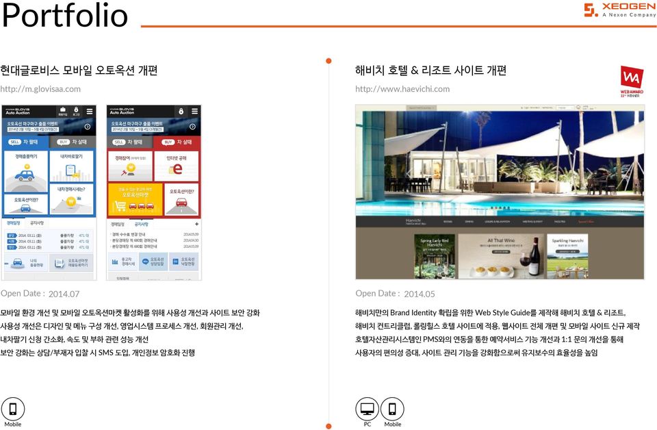 보안 강화는 상담/부재자 입찰 시 SMS 도입, 개인정보 암호화 진행 해비치만의 Brand Identity 확립을 위한 Web Style Guide를 제작해 해비치 호텔 & 리조트, 해비치 컨트리클럽, 롤링힐스 호텔 사이트에 적용,