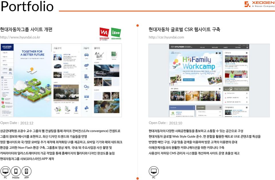 환경을 고려한 Non-Flash 환경 구축, 그룹홍보 영상 제작, 국내/외 주요사업장 사진 촬영 및 카피라이터와 일러스트레이터의 가공 작업을 통해 홈페이지의 퀄리티와 디자인 완성도를 높임 현대자동차그룹 사보(모터스라인) APP 제작 현대자동차의 다양한 사회공헌활동을 홍보하고 소통할 수