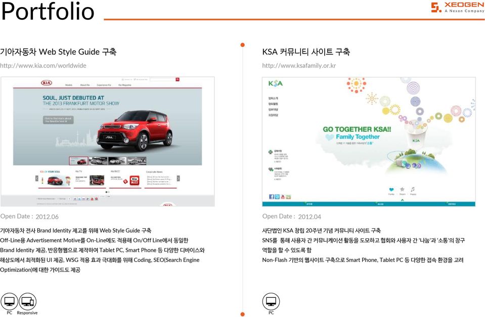 반응형웹으로제작하여Tablet PC, Smart Phone 등 다양한디바이스와 해상도에서 최적화된 UI 제공, WSG 적용 효과 극대화를 위해 Coding, SEO(Search Engine Optimization)에 대한 가이드도 제공 사단법인 KSA 창립