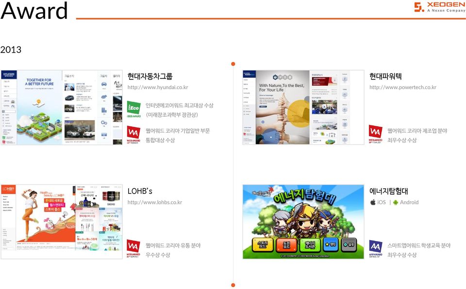 kr 인터넷에코어워드 최고대상 수상 (미래창조과학부 장관상) 웹어워드 코리아 기업일반 부문 통합대상 수상