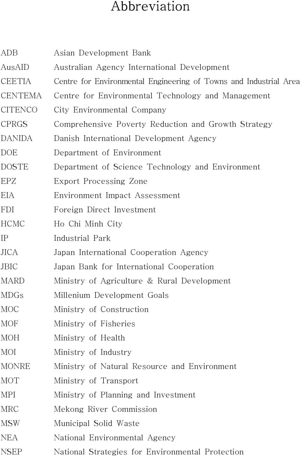 Reduction and Growth Strategy Danish International Development Agency Department of Environment Department of Science Technology and Environment Export Processing Zone Environment Impact Assessment