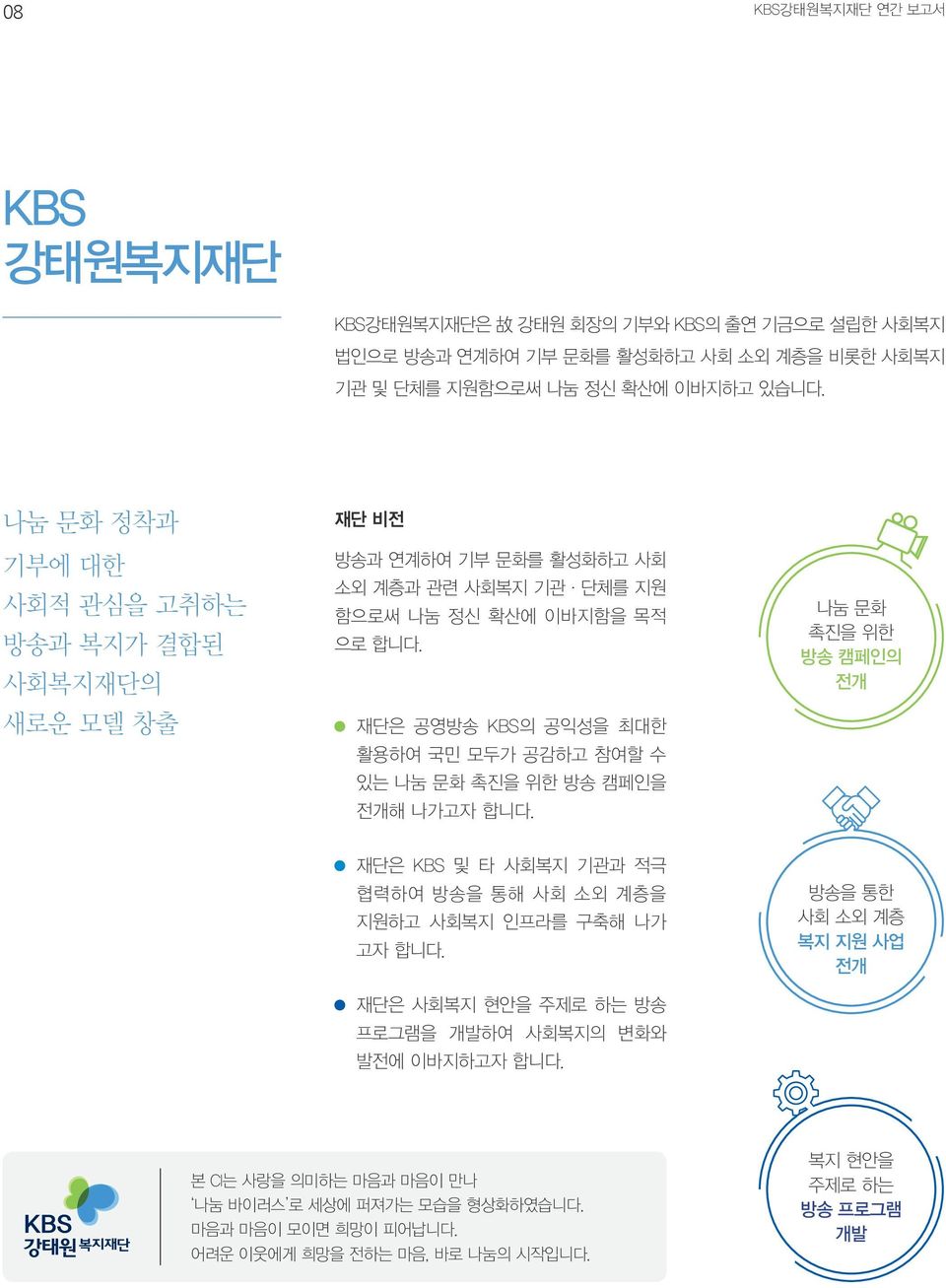 재단은 공영방송 KBS의 공익성을 최대한 활용하여 국민 모두가 공감하고 참여할 수 있는 나눔 문화 촉진을 위한 방송 캠페인을 전개해 나가고자 합니다.